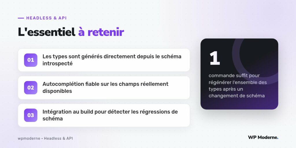L'essentiel à retenir : Les types sont générés directement depuis le schéma introspecté ; Autocomplétion fiable sur les champs réellement disponibles ; Intégration au build pour détecter les régressions de schéma