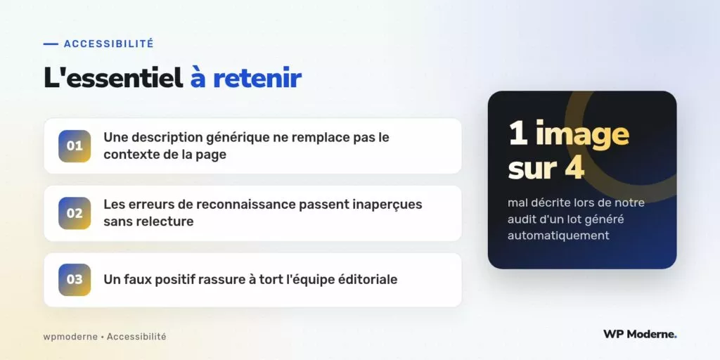 L'essentiel à retenir : Une description générique ne remplace pas le contexte de la page ; Les erreurs de reconnaissance passent inaperçues sans relecture ; Un faux positif rassure à tort l'équipe éditoriale