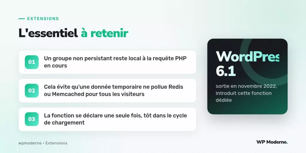 L'essentiel à retenir : Un groupe non persistant reste local à la requête PHP en cours ; Cela évite qu'une donnée temporaire ne pollue Redis ou Memcached pour tous les visiteurs ; La fonction se déclare une seule fois, tôt dans le cycle de chargement