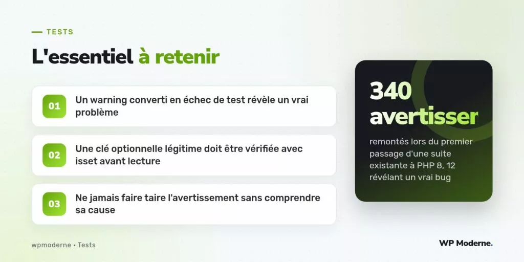 L'essentiel à retenir : Un warning converti en échec de test révèle un vrai problème ; Une clé optionnelle légitime doit être vérifiée avec isset avant lecture ; Ne jamais faire taire l'avertissement sans comprendre sa cause