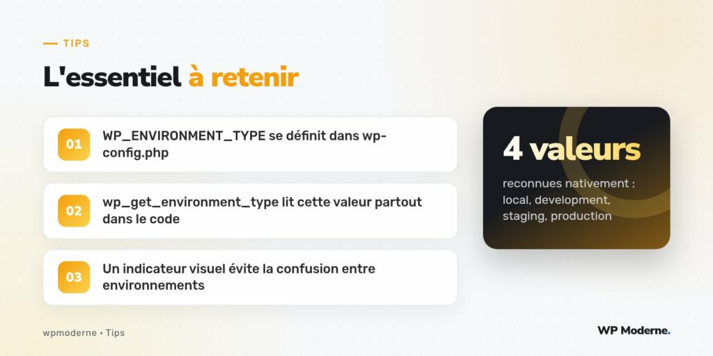 L'essentiel à retenir : WP_ENVIRONMENT_TYPE se définit dans wp-config.php ; wp_get_environment_type lit cette valeur partout dans le code ; Un indicateur visuel évite la confusion entre environnements