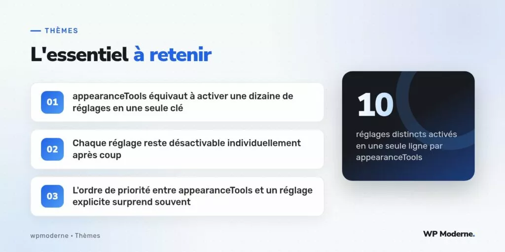 L'essentiel à retenir : appearanceTools équivaut à activer une dizaine de réglages en une seule clé ; Chaque réglage reste désactivable individuellement après coup ; L'ordre de priorité entre appearanceTools et un réglage explicite surprend souvent
