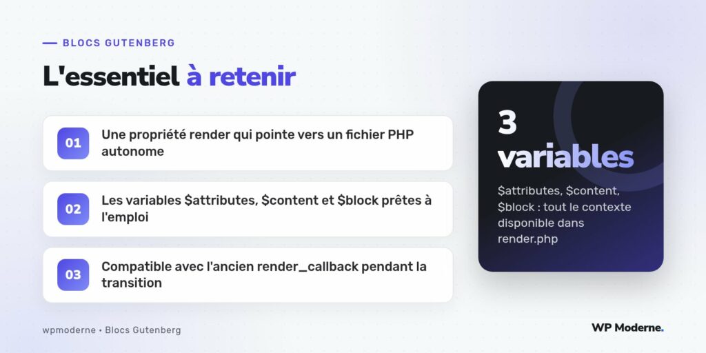 L'essentiel à retenir : Une propriété render qui pointe vers un fichier PHP autonome ; Les variables $attributes, $content et $block prêtes à l'emploi ; Compatible avec l'ancien render_callback pendant la transition