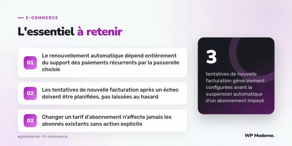 L'essentiel à retenir : Le renouvellement automatique dépend entièrement du support des paiements récurrents par la passerelle choisie ; Les tentatives de nouvelle facturation après un échec doivent être planifiées, pas laissées au hasard ; Changer un tarif d'abonnement n'affecte jamais les abonnés existants sans action explicite