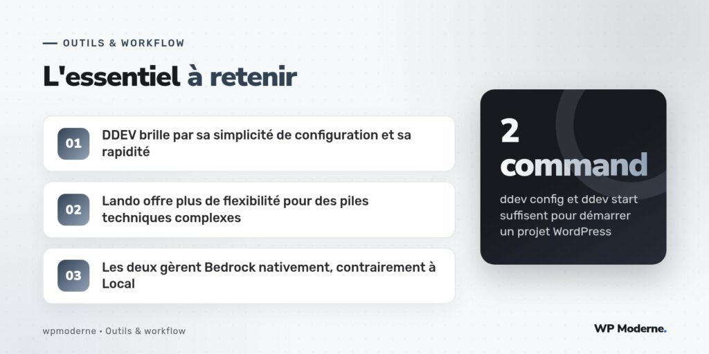L'essentiel à retenir : DDEV brille par sa simplicité de configuration et sa rapidité ; Lando offre plus de flexibilité pour des piles techniques complexes ; Les deux gèrent Bedrock nativement, contrairement à Local
