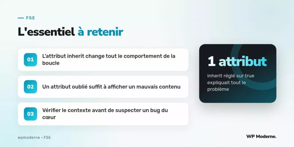L'essentiel à retenir : L'attribut inherit change tout le comportement de la boucle ; Un attribut oublié suffit à afficher un mauvais contenu ; Vérifier le contexte avant de suspecter un bug du cœur
