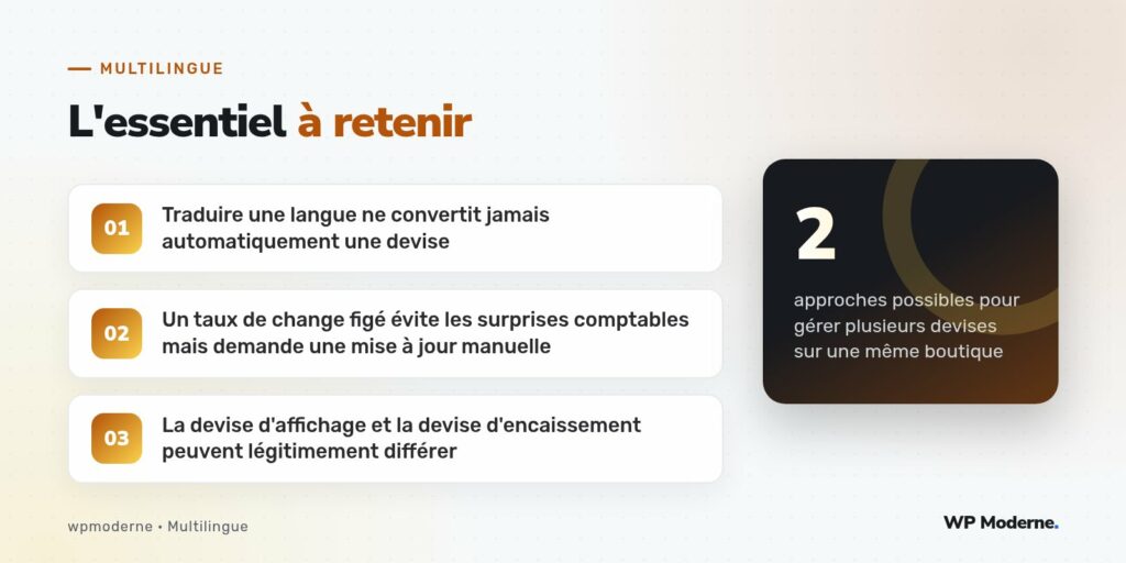 L'essentiel à retenir : Traduire une langue ne convertit jamais automatiquement une devise ; Un taux de change figé évite les surprises comptables mais demande une mise à jour manuelle ; La devise d'affichage et la devise d'encaissement peuvent légitimement différer