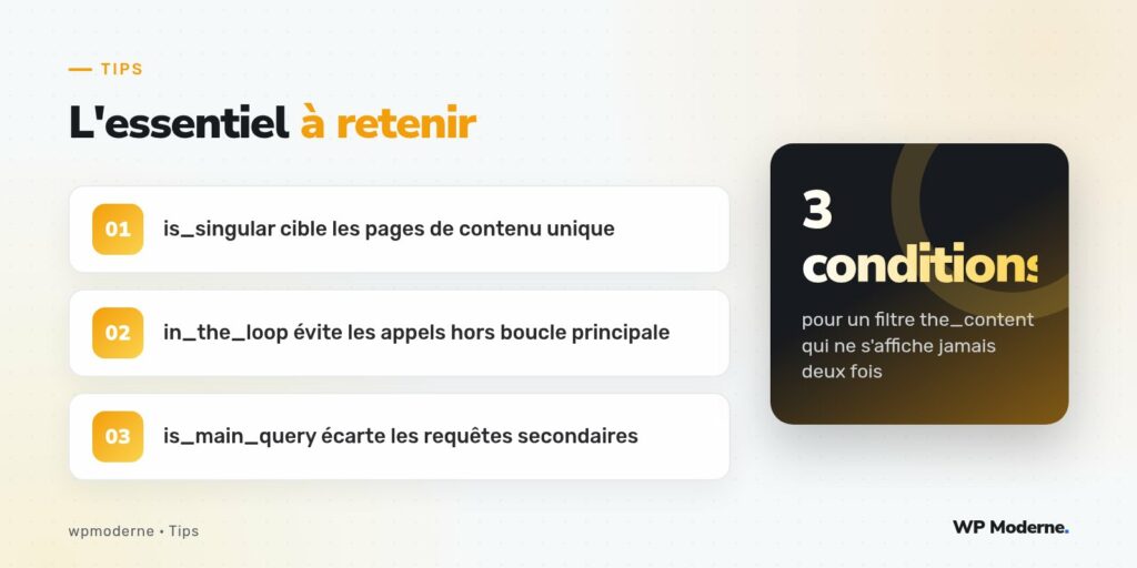 L'essentiel à retenir : is_singular cible les pages de contenu unique ; in_the_loop évite les appels hors boucle principale ; is_main_query écarte les requêtes secondaires