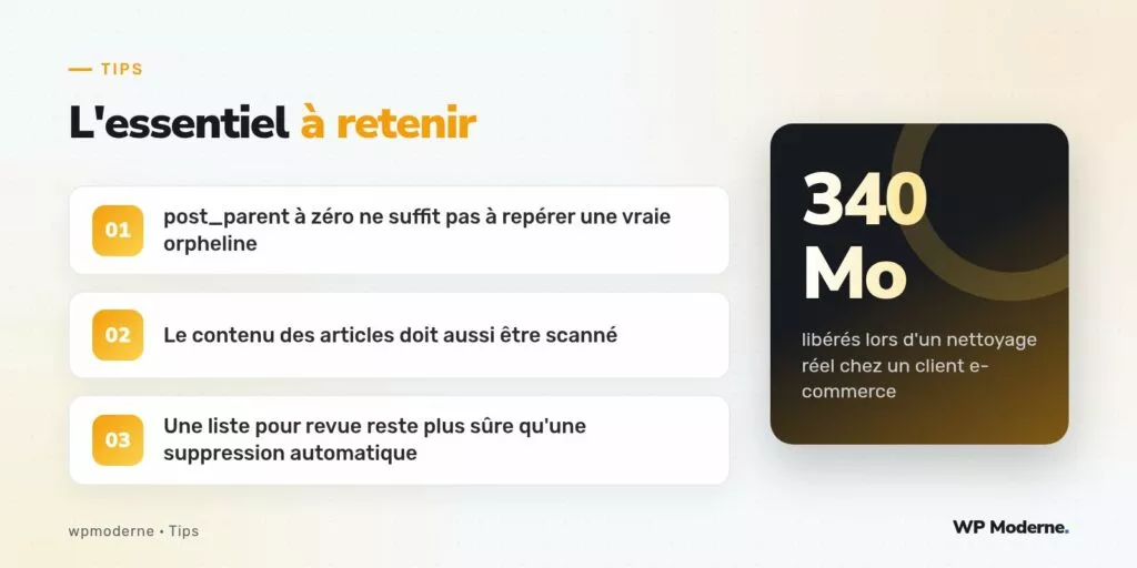 L'essentiel à retenir : post_parent à zéro ne suffit pas à repérer une vraie orpheline ; Le contenu des articles doit aussi être scanné ; Une liste pour revue reste plus sûre qu'une suppression automatique
