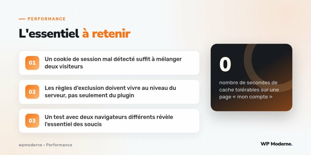 L'essentiel à retenir : Un cookie de session mal détecté suffit à mélanger deux visiteurs ; Les règles d'exclusion doivent vivre au niveau du serveur, pas seulement du plugin ; Un test avec deux navigateurs différents révèle l'essentiel des soucis