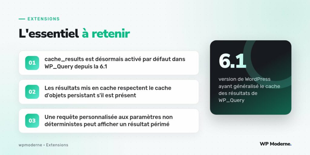 L'essentiel à retenir : cache_results est désormais activé par défaut dans WP_Query depuis la 6.1 ; Les résultats mis en cache respectent le cache d'objets persistant s'il est présent ; Une requête personnalisée aux paramètres non déterministes peut afficher un résultat périmé