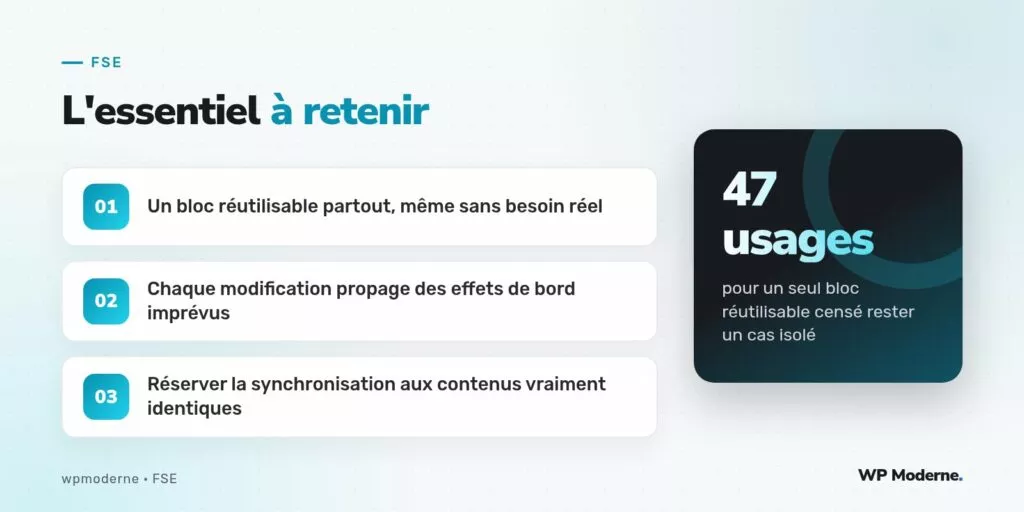 L'essentiel à retenir : Un bloc réutilisable partout, même sans besoin réel ; Chaque modification propage des effets de bord imprévus ; Réserver la synchronisation aux contenus vraiment identiques