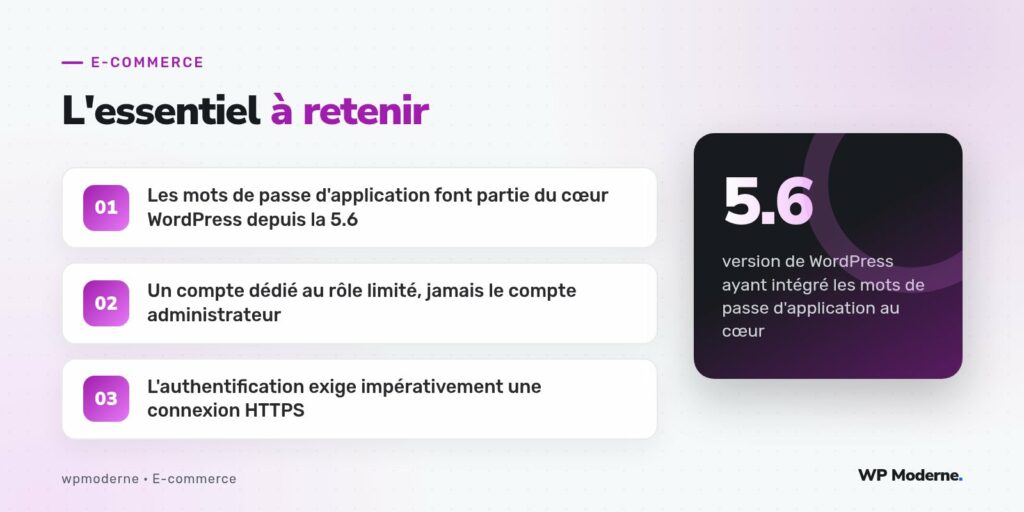 L'essentiel à retenir : Les mots de passe d'application font partie du cœur WordPress depuis la 5.6 ; Un compte dédié au rôle limité, jamais le compte administrateur ; L'authentification exige impérativement une connexion HTTPS