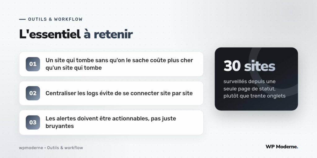 L'essentiel à retenir : Un site qui tombe sans qu'on le sache coûte plus cher qu'un site qui tombe ; Centraliser les logs évite de se connecter site par site ; Les alertes doivent être actionnables, pas juste bruyantes