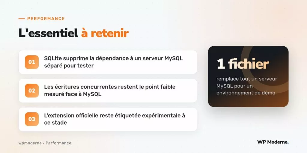 L'essentiel à retenir : SQLite supprime la dépendance à un serveur MySQL séparé pour tester ; Les écritures concurrentes restent le point faible mesuré face à MySQL ; L'extension officielle reste étiquetée expérimentale à ce stade