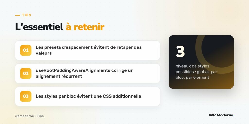 L'essentiel à retenir : Les presets d'espacement évitent de retaper des valeurs ; useRootPaddingAwareAlignments corrige un alignement récurrent ; Les styles par bloc évitent une CSS additionnelle