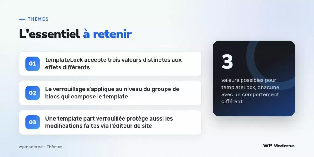 L'essentiel à retenir : templateLock accepte trois valeurs distinctes aux effets différents ; Le verrouillage s'applique au niveau du groupe de blocs qui compose le template ; Une template part verrouillée protège aussi les modifications faites via l'éditeur de site