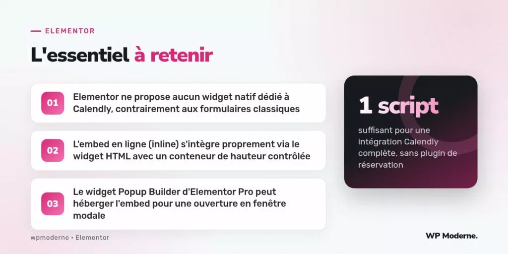 L'essentiel à retenir : Elementor ne propose aucun widget natif dédié à Calendly, contrairement aux formulaires classiques ; L'embed en ligne (inline) s'intègre proprement via le widget HTML avec un conteneur de hauteur contrôlée ; Le widget Popup Builder d'Elementor Pro peut héberger l'embed pour une ouverture en fenêtre modale