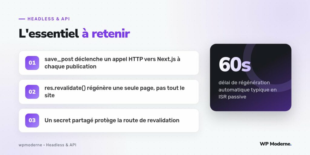 L'essentiel à retenir : save_post déclenche un appel HTTP vers Next.js à chaque publication ; res.revalidate() régénère une seule page, pas tout le site ; Un secret partagé protège la route de revalidation