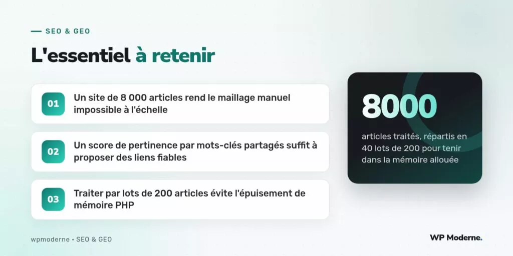 L'essentiel à retenir : Un site de 8 000 articles rend le maillage manuel impossible à l'échelle ; Un score de pertinence par mots-clés partagés suffit à proposer des liens fiables ; Traiter par lots de 200 articles évite l'épuisement de mémoire PHP