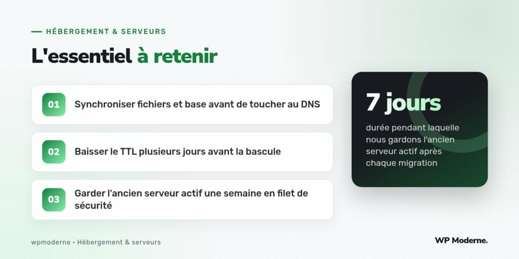 L'essentiel à retenir : Synchroniser fichiers et base avant de toucher au DNS ; Baisser le TTL plusieurs jours avant la bascule ; Garder l'ancien serveur actif une semaine en filet de sécurité