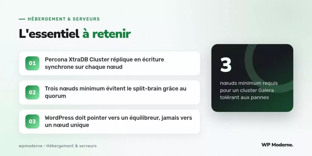 L'essentiel à retenir : Percona XtraDB Cluster réplique en écriture synchrone sur chaque nœud ; Trois nœuds minimum évitent le split-brain grâce au quorum ; WordPress doit pointer vers un équilibreur, jamais vers un nœud unique