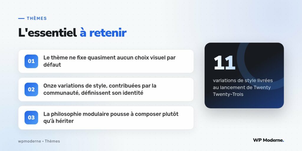 L'essentiel à retenir : Le thème ne fixe quasiment aucun choix visuel par défaut ; Onze variations de style, contribuées par la communauté, définissent son identité ; La philosophie modulaire pousse à composer plutôt qu'à hériter