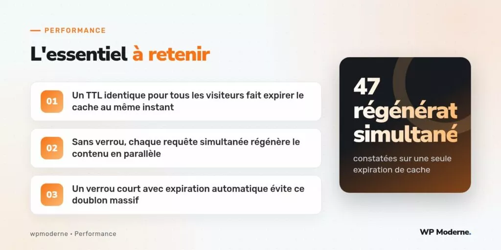 L'essentiel à retenir : Un TTL identique pour tous les visiteurs fait expirer le cache au même instant ; Sans verrou, chaque requête simultanée régénère le contenu en parallèle ; Un verrou court avec expiration automatique évite ce doublon massif