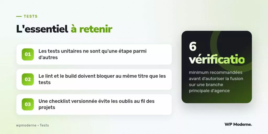 L'essentiel à retenir : Les tests unitaires ne sont qu'une étape parmi d'autres ; Le lint et le build doivent bloquer au même titre que les tests ; Une checklist versionnée évite les oublis au fil des projets