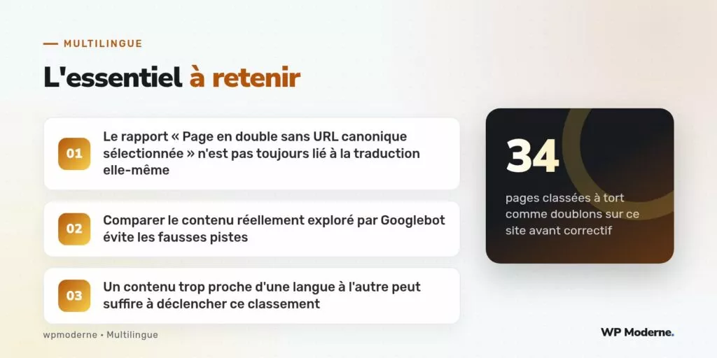 L'essentiel à retenir : Le rapport « Page en double sans URL canonique sélectionnée » n'est pas toujours lié à la traduction elle-même ; Comparer le contenu réellement exploré par Googlebot évite les fausses pistes ; Un contenu trop proche d'une langue à l'autre peut suffire à déclencher ce classement