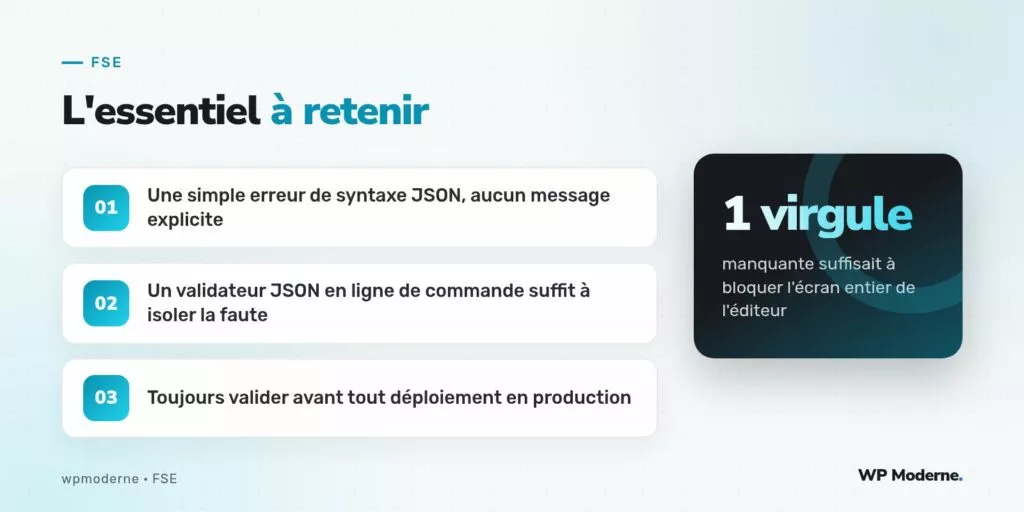 L'essentiel à retenir : Une simple erreur de syntaxe JSON, aucun message explicite ; Un validateur JSON en ligne de commande suffit à isoler la faute ; Toujours valider avant tout déploiement en production