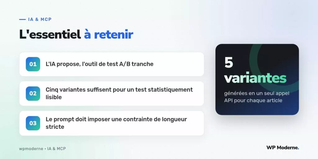 L'essentiel à retenir : L'IA propose, l'outil de test A/B tranche ; Cinq variantes suffisent pour un test statistiquement lisible ; Le prompt doit imposer une contrainte de longueur stricte
