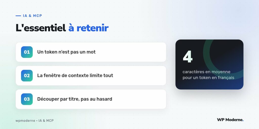 L'essentiel à retenir : Un token n'est pas un mot ; La fenêtre de contexte limite tout ; Découper par titre, pas au hasard