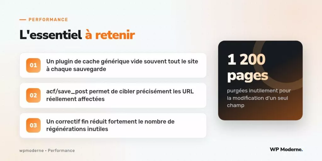 L'essentiel à retenir : Un plugin de cache générique vide souvent tout le site à chaque sauvegarde ; acf/save_post permet de cibler précisément les URL réellement affectées ; Un correctif fin réduit fortement le nombre de régénérations inutiles