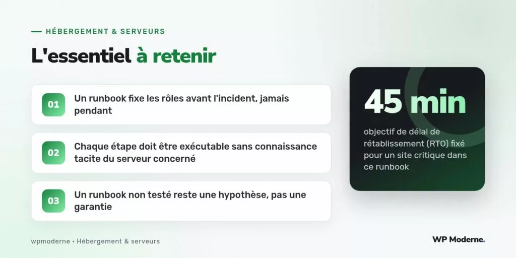 L'essentiel à retenir : Un runbook fixe les rôles avant l'incident, jamais pendant ; Chaque étape doit être exécutable sans connaissance tacite du serveur concerné ; Un runbook non testé reste une hypothèse, pas une garantie