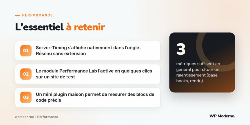 L'essentiel à retenir : Server-Timing s'affiche nativement dans l'onglet Réseau sans extension ; Le module Performance Lab l'active en quelques clics sur un site de test ; Un mini plugin maison permet de mesurer des blocs de code précis
