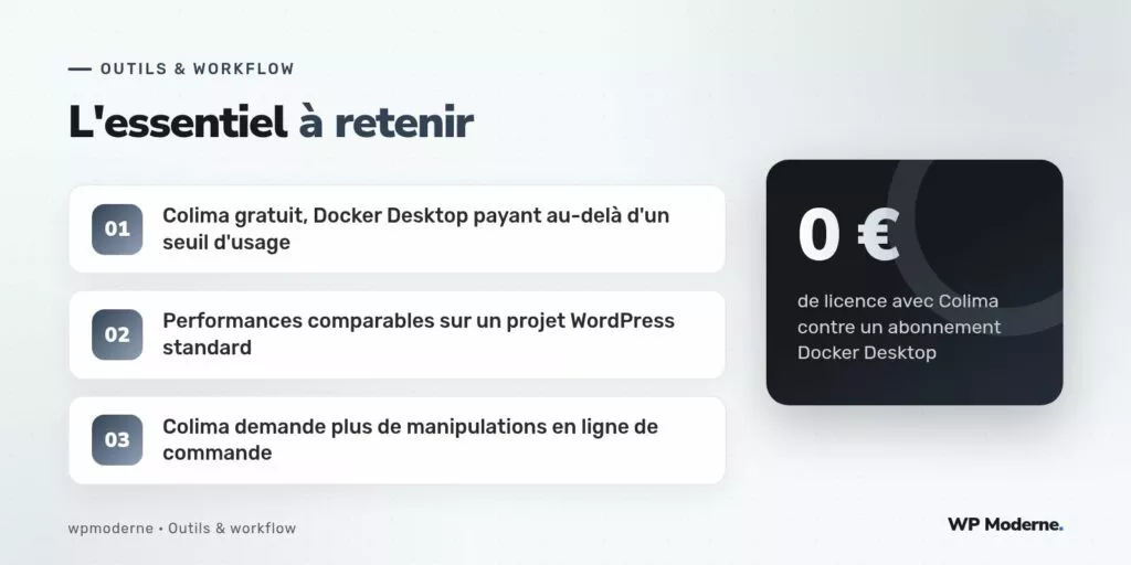 L'essentiel à retenir : Colima gratuit, Docker Desktop payant au-delà d'un seuil d'usage ; Performances comparables sur un projet WordPress standard ; Colima demande plus de manipulations en ligne de commande