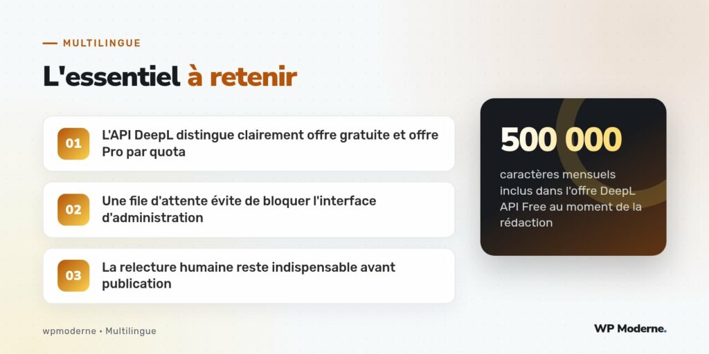 L'essentiel à retenir : L'API DeepL distingue clairement offre gratuite et offre Pro par quota ; Une file d'attente évite de bloquer l'interface d'administration ; La relecture humaine reste indispensable avant publication