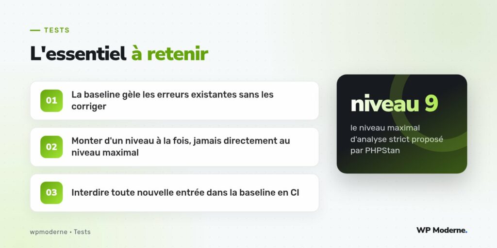 L'essentiel à retenir : La baseline gèle les erreurs existantes sans les corriger ; Monter d'un niveau à la fois, jamais directement au niveau maximal ; Interdire toute nouvelle entrée dans la baseline en CI