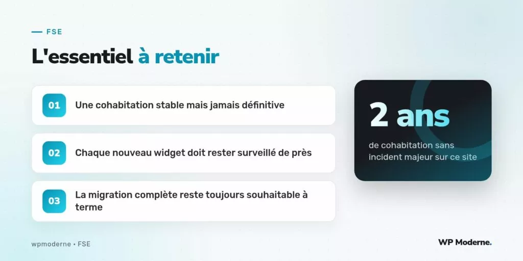 L'essentiel à retenir : Une cohabitation stable mais jamais définitive ; Chaque nouveau widget doit rester surveillé de près ; La migration complète reste toujours souhaitable à terme