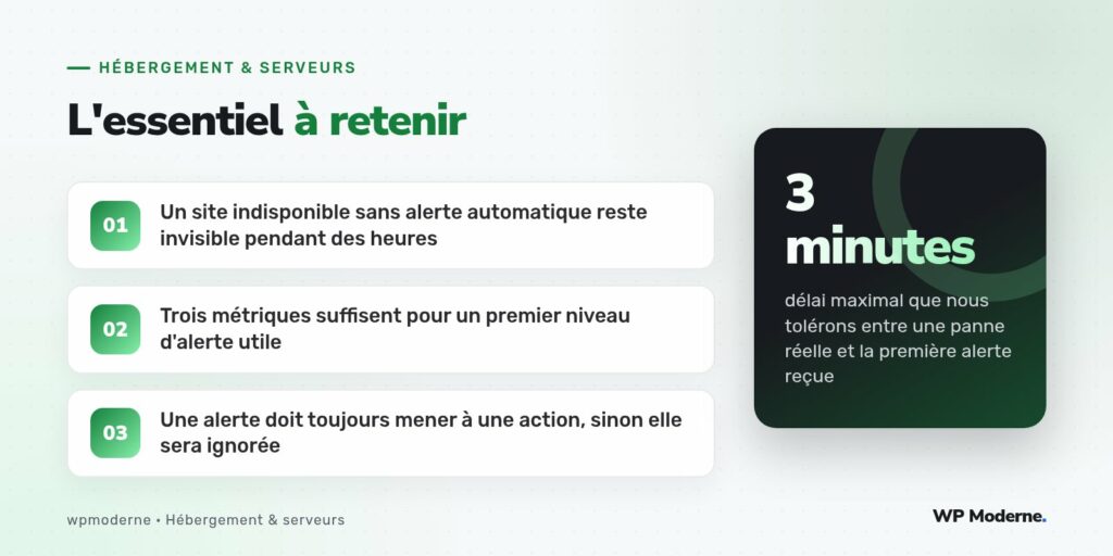 L'essentiel à retenir : Un site indisponible sans alerte automatique reste invisible pendant des heures ; Trois métriques suffisent pour un premier niveau d'alerte utile ; Une alerte doit toujours mener à une action, sinon elle sera ignorée