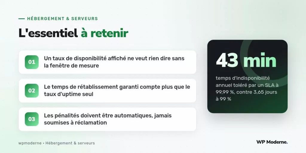 L'essentiel à retenir : Un taux de disponibilité affiché ne veut rien dire sans la fenêtre de mesure ; Le temps de rétablissement garanti compte plus que le taux d'uptime seul ; Les pénalités doivent être automatiques, jamais soumises à réclamation