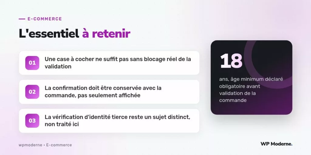 L'essentiel à retenir : Une case à cocher ne suffit pas sans blocage réel de la validation ; La confirmation doit être conservée avec la commande, pas seulement affichée ; La vérification d'identité tierce reste un sujet distinct, non traité ici