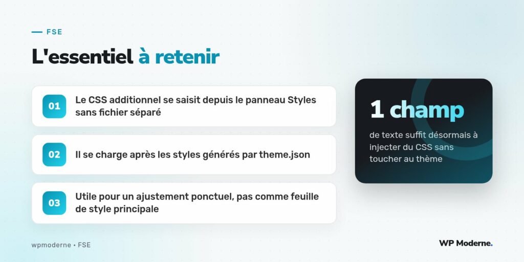 L'essentiel à retenir : Le CSS additionnel se saisit depuis le panneau Styles sans fichier séparé ; Il se charge après les styles générés par theme.json ; Utile pour un ajustement ponctuel, pas comme feuille de style principale