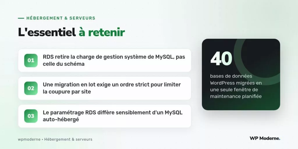 L'essentiel à retenir : RDS retire la charge de gestion système de MySQL, pas celle du schéma ; Une migration en lot exige un ordre strict pour limiter la coupure par site ; Le paramétrage RDS diffère sensiblement d'un MySQL auto-hébergé
