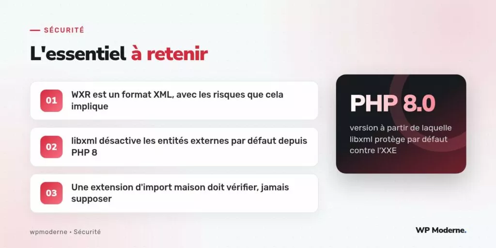 L'essentiel à retenir : WXR est un format XML, avec les risques que cela implique ; libxml désactive les entités externes par défaut depuis PHP 8 ; Une extension d'import maison doit vérifier, jamais supposer