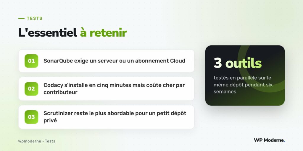 L'essentiel à retenir : SonarQube exige un serveur ou un abonnement Cloud ; Codacy s'installe en cinq minutes mais coûte cher par contributeur ; Scrutinizer reste le plus abordable pour un petit dépôt privé