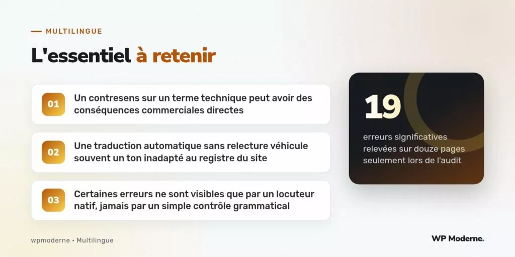 L'essentiel à retenir : Un contresens sur un terme technique peut avoir des conséquences commerciales directes ; Une traduction automatique sans relecture véhicule souvent un ton inadapté au registre du site ; Certaines erreurs ne sont visibles que par un locuteur natif, jamais par un simple contrôle grammatical