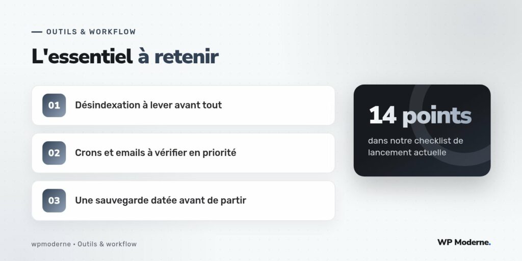 L'essentiel à retenir : Désindexation à lever avant tout ; Crons et emails à vérifier en priorité ; Une sauvegarde datée avant de partir