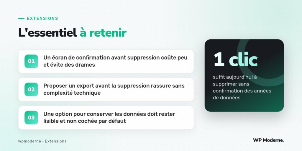 L'essentiel à retenir : Un écran de confirmation avant suppression coûte peu et évite des drames ; Proposer un export avant la suppression rassure sans complexité technique ; Une option pour conserver les données doit rester lisible et non cochée par défaut